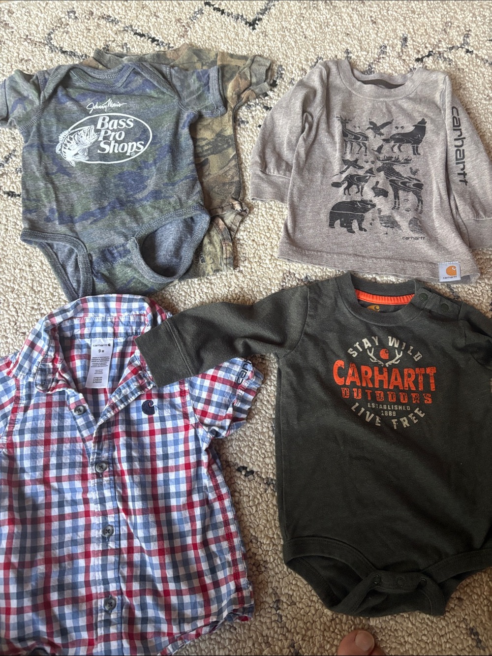 Carhartt Olive Green 'Stay Wild' Long Sleeve Baby Bodysuit with Orange Logo